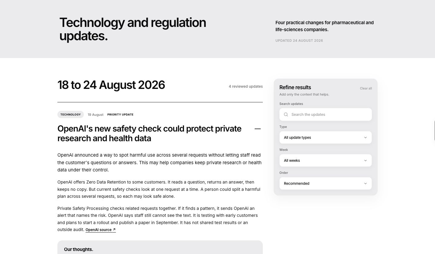The HTO technology and regulation updates page showing a weekly update and filters