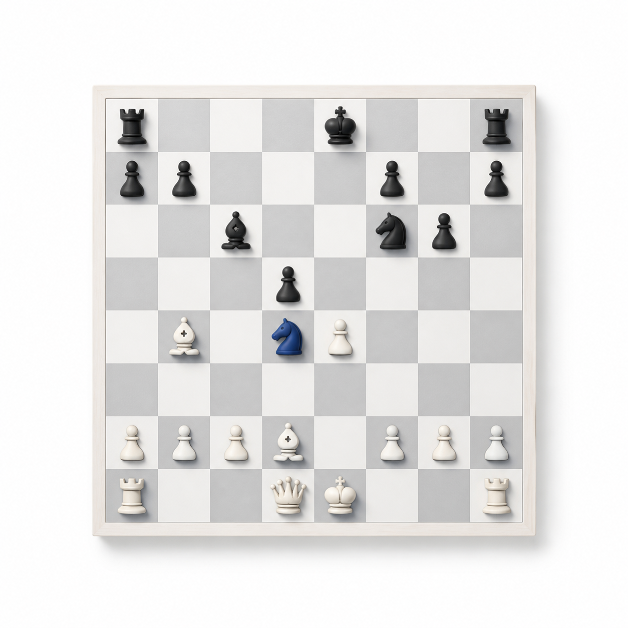 A chess board mid-game, with a knight highlighted in blue