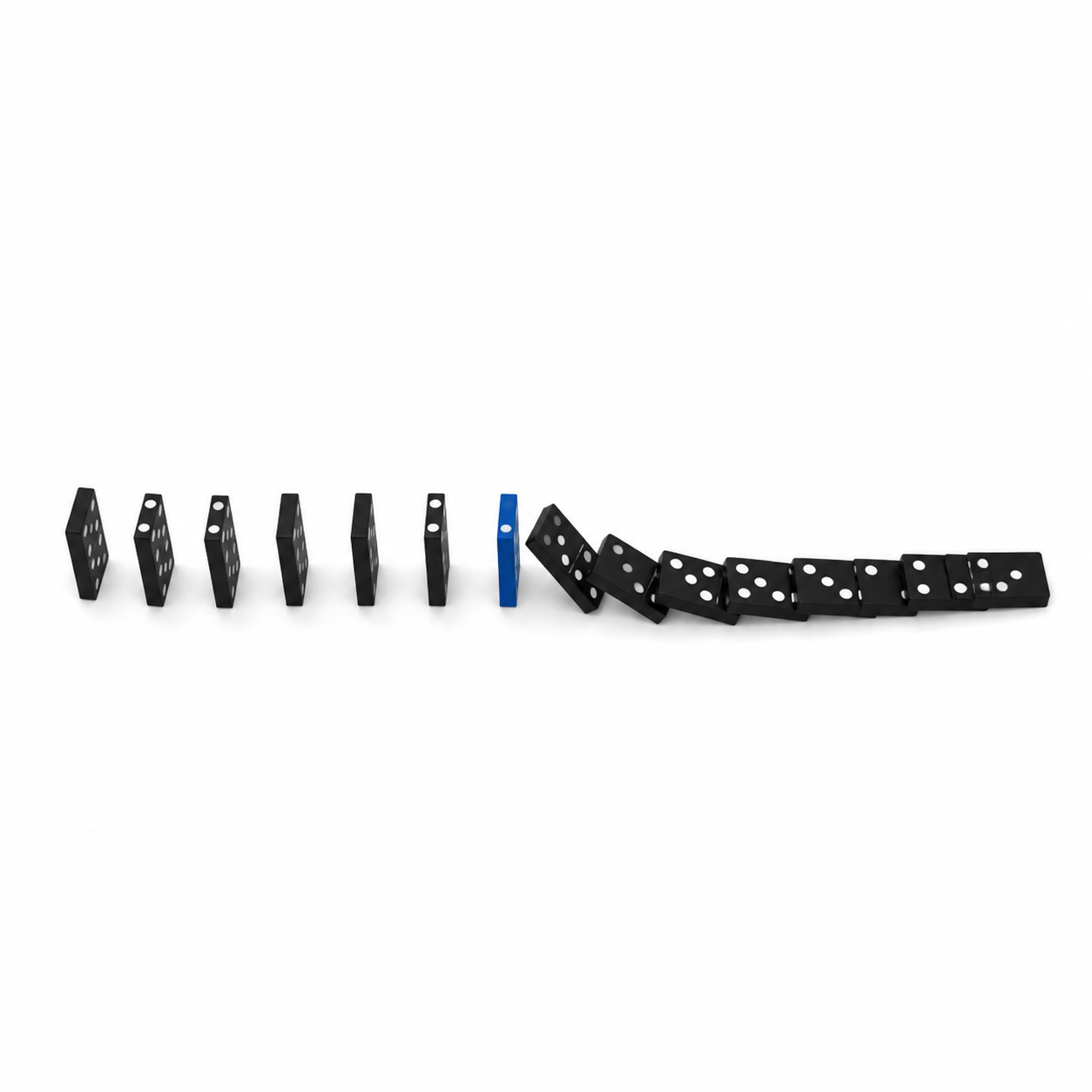 A row of falling dominoes, one highlighted in blue