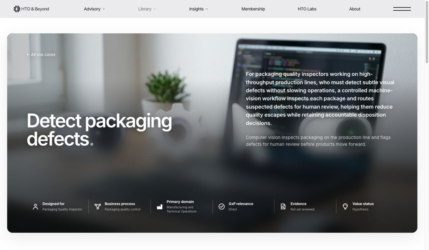 The Detect packaging defects use-case overview showing its purpose, users, process, GxP relevance, evidence, and value status