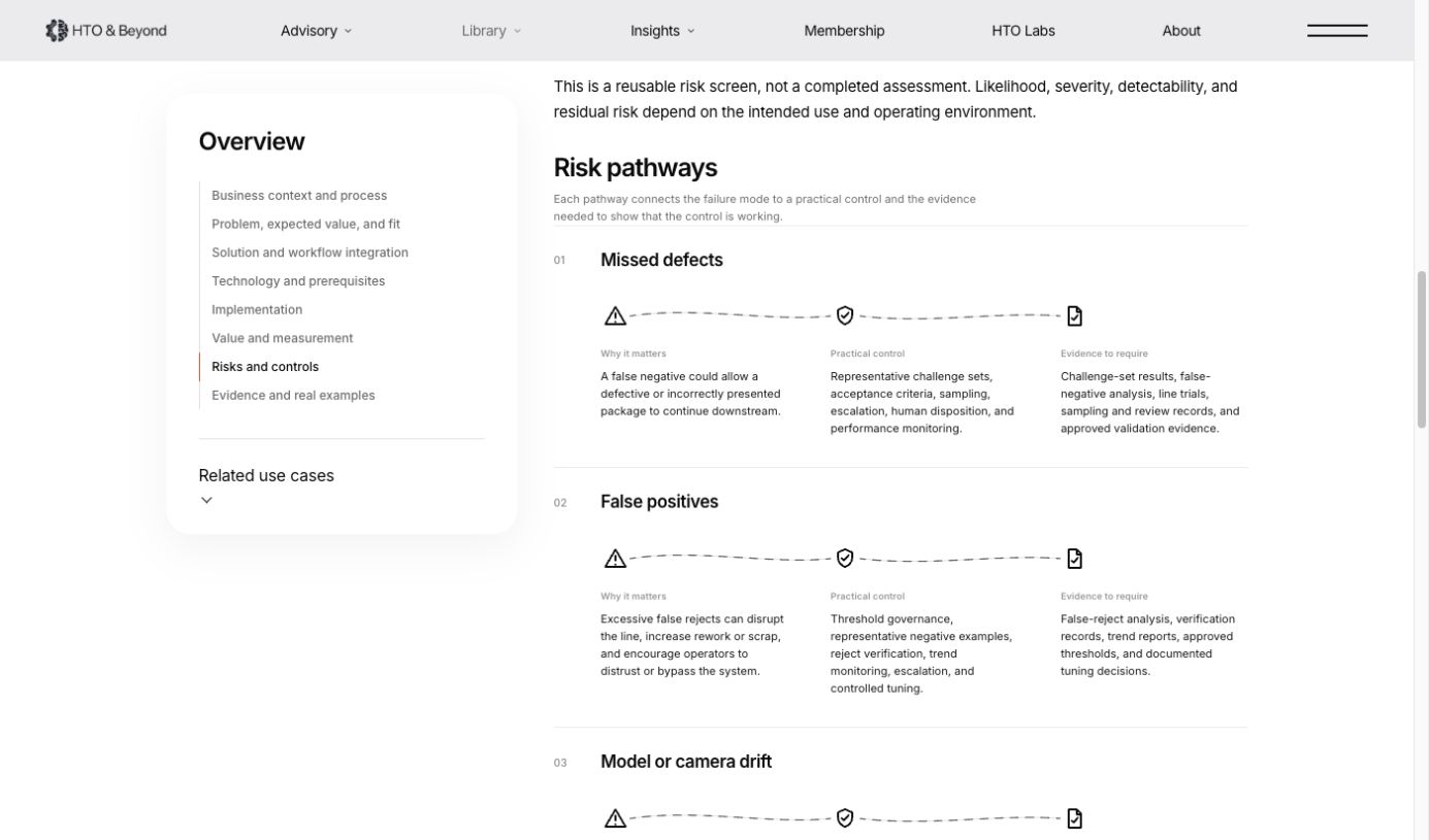 The Detect packaging defects risk pathways showing missed defects, false positives, practical controls, and required evidence