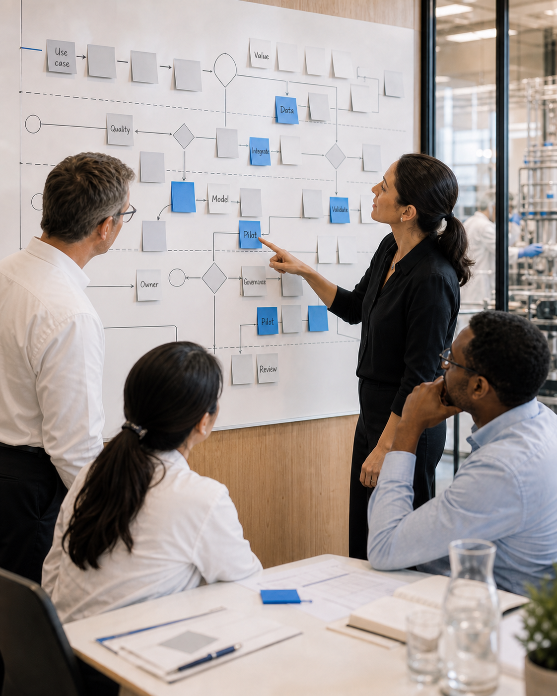 Team mapping an AI use case across process, data, technology, and organization